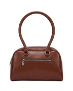 Brown handbag with a silver zipper on a white background