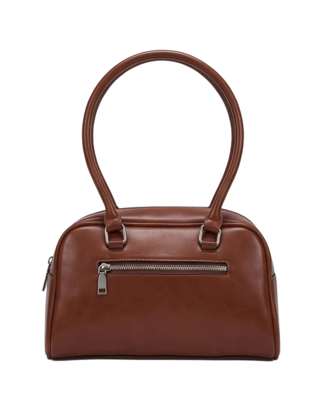 Brown handbag with a silver zipper on a white background