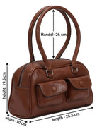 Brown handbag with measurements on a white background