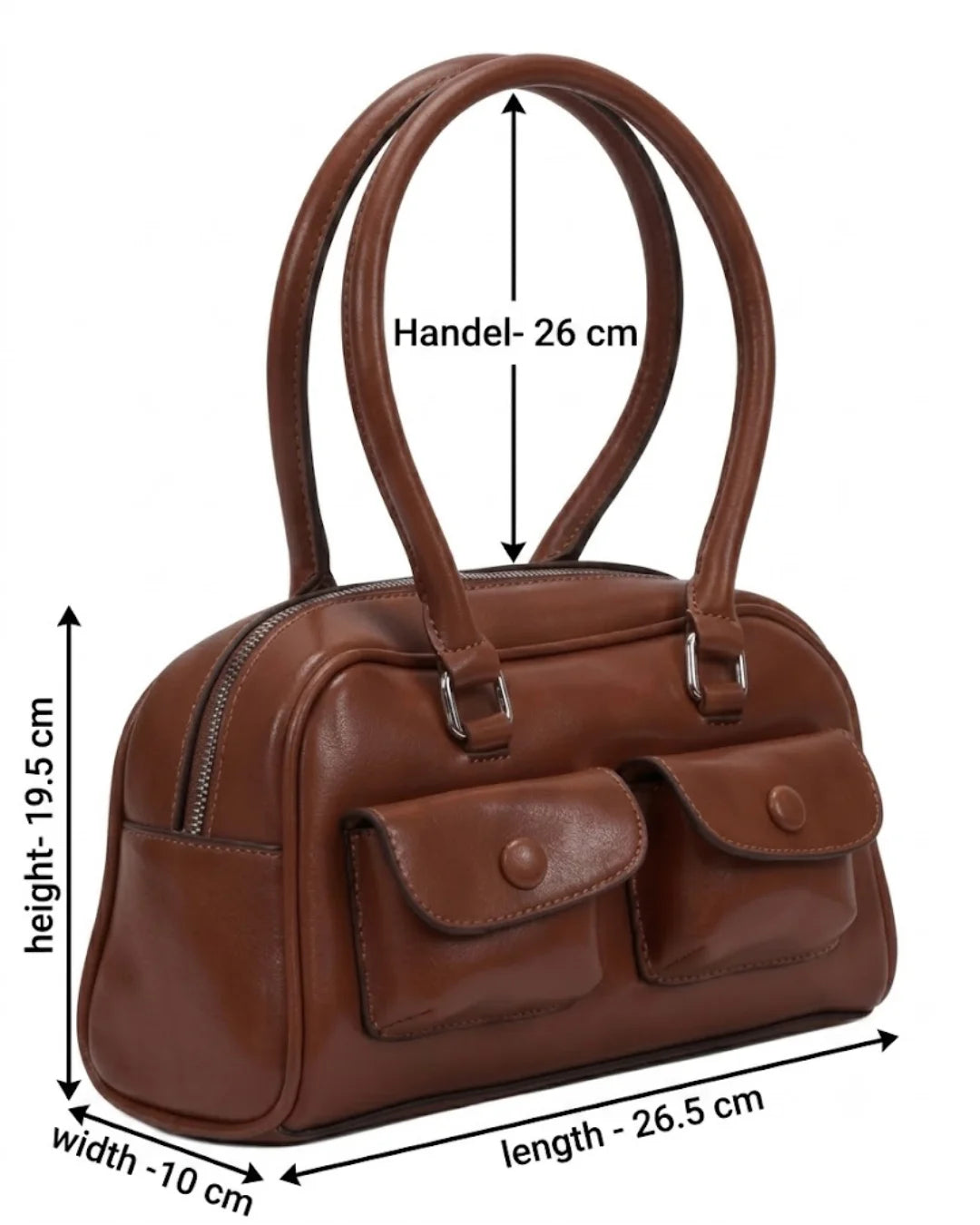 Brown handbag with measurements on a white background