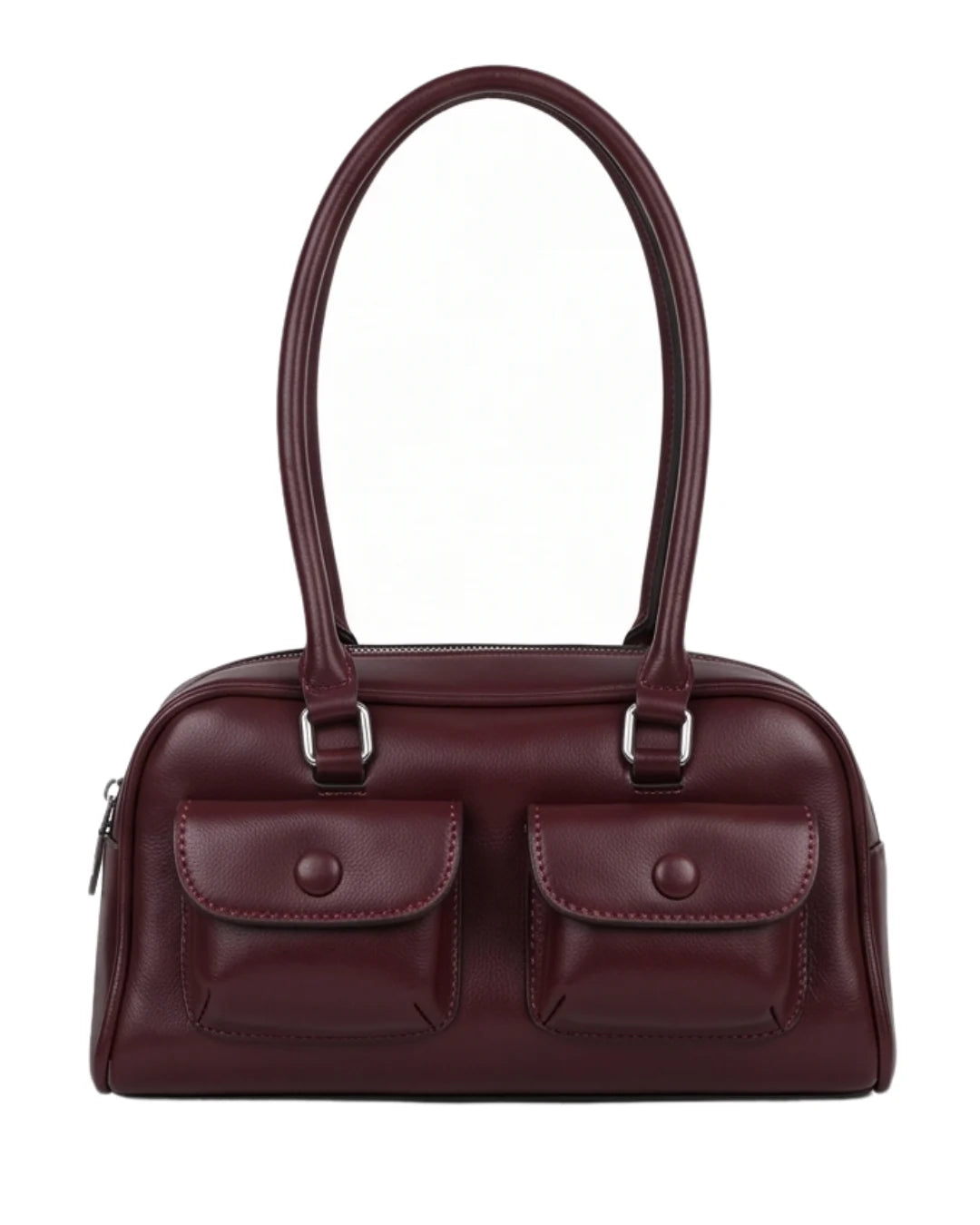 Maroon handbag with two front pockets on a white background