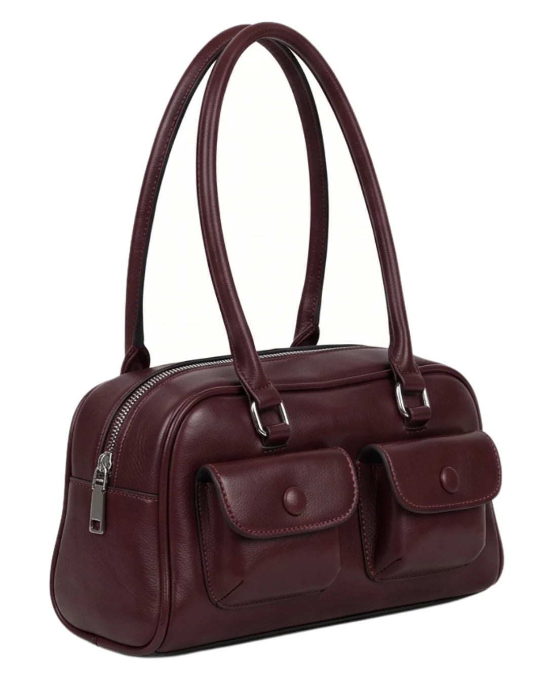 Maroon handbag with two front pockets on a white background