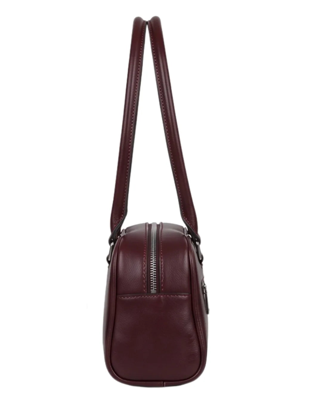 Maroon leather handbag with a shoulder strap on a white background