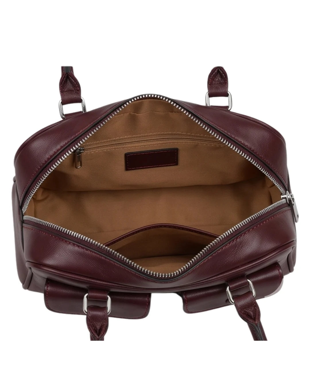 Brown leather backpack with open front compartment on a white background