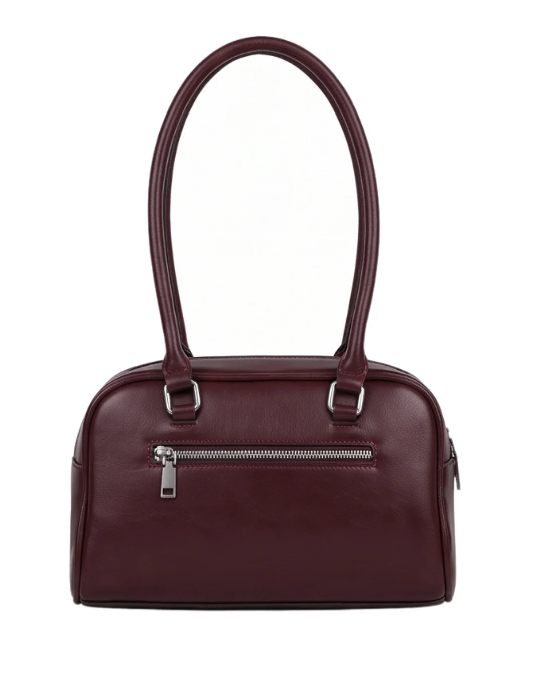 Maroon handbag with a silver zipper on a white background