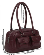 Maroon handbag with measurements on a white background