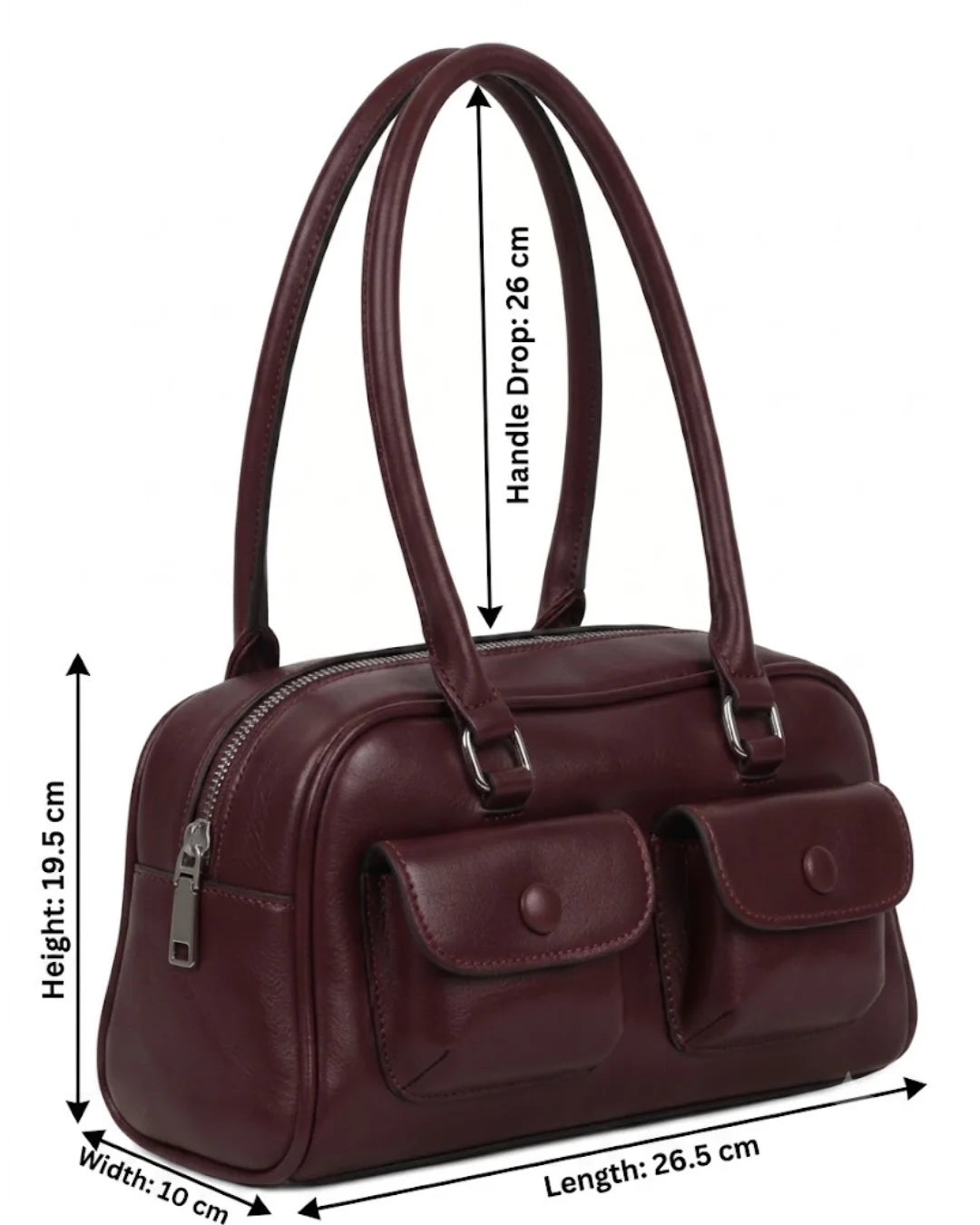 Maroon handbag with measurements on a white background