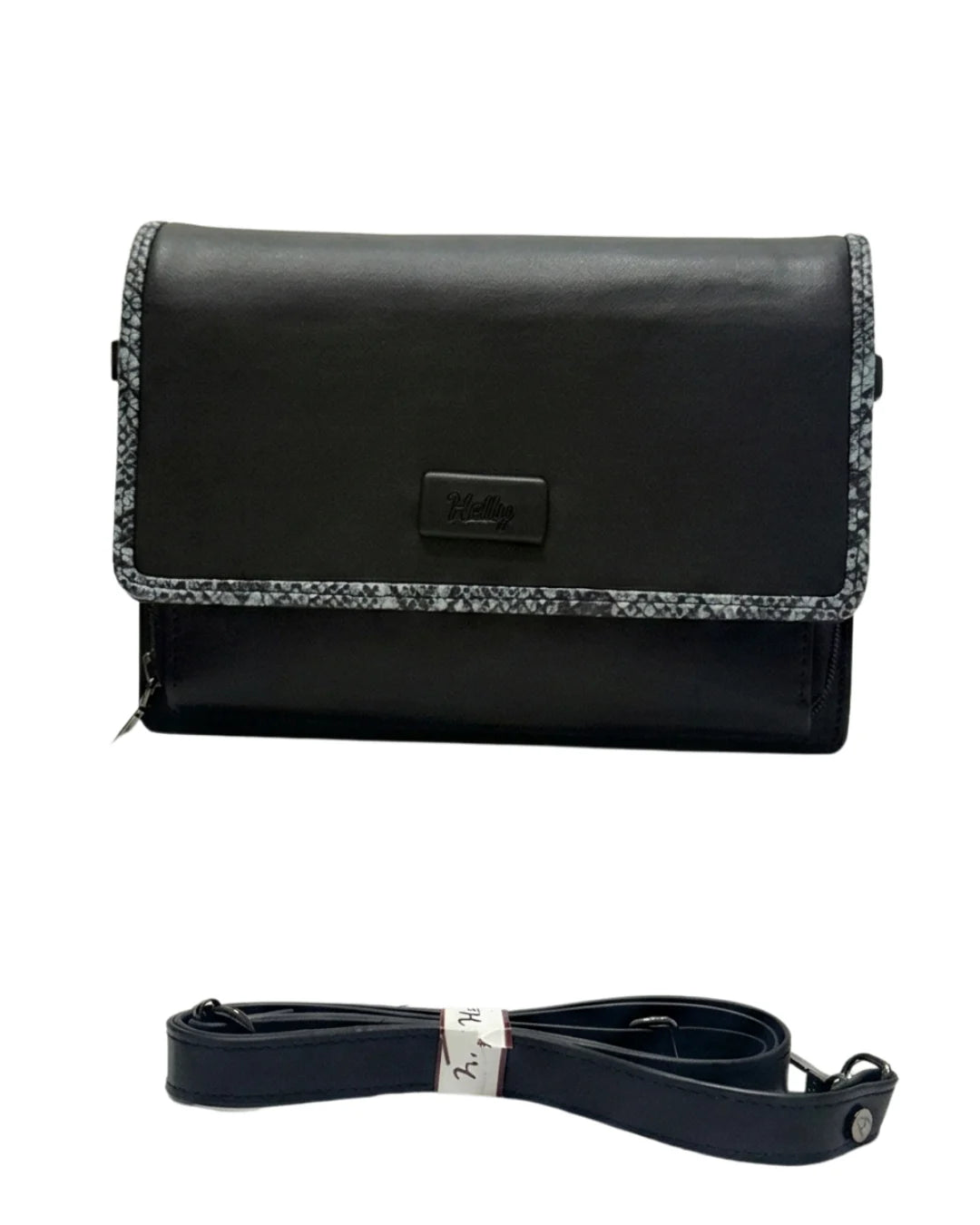 Sleek black clutch purse and formal clutch bag with textured edge detailing

