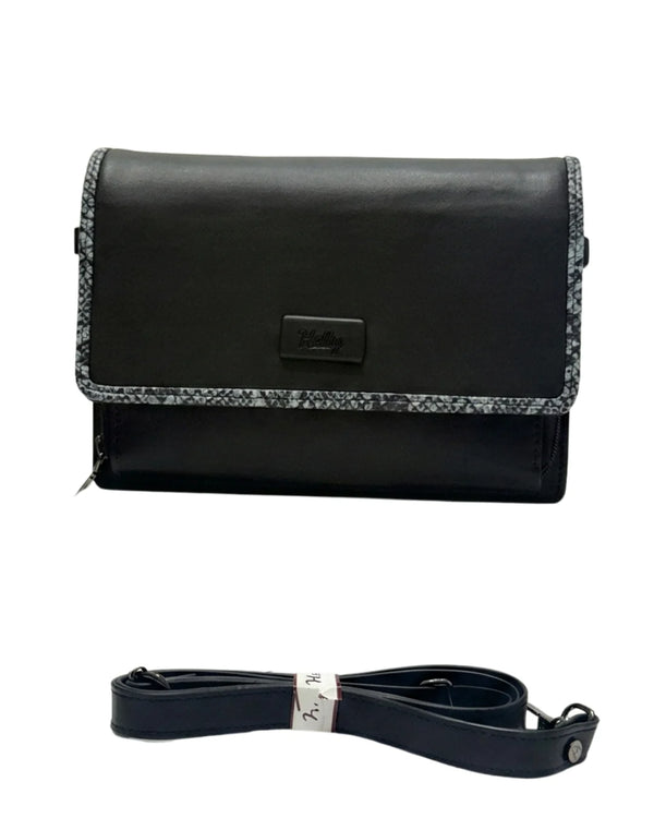 Sleek black clutch purse and formal clutch bag with textured edge detailing
