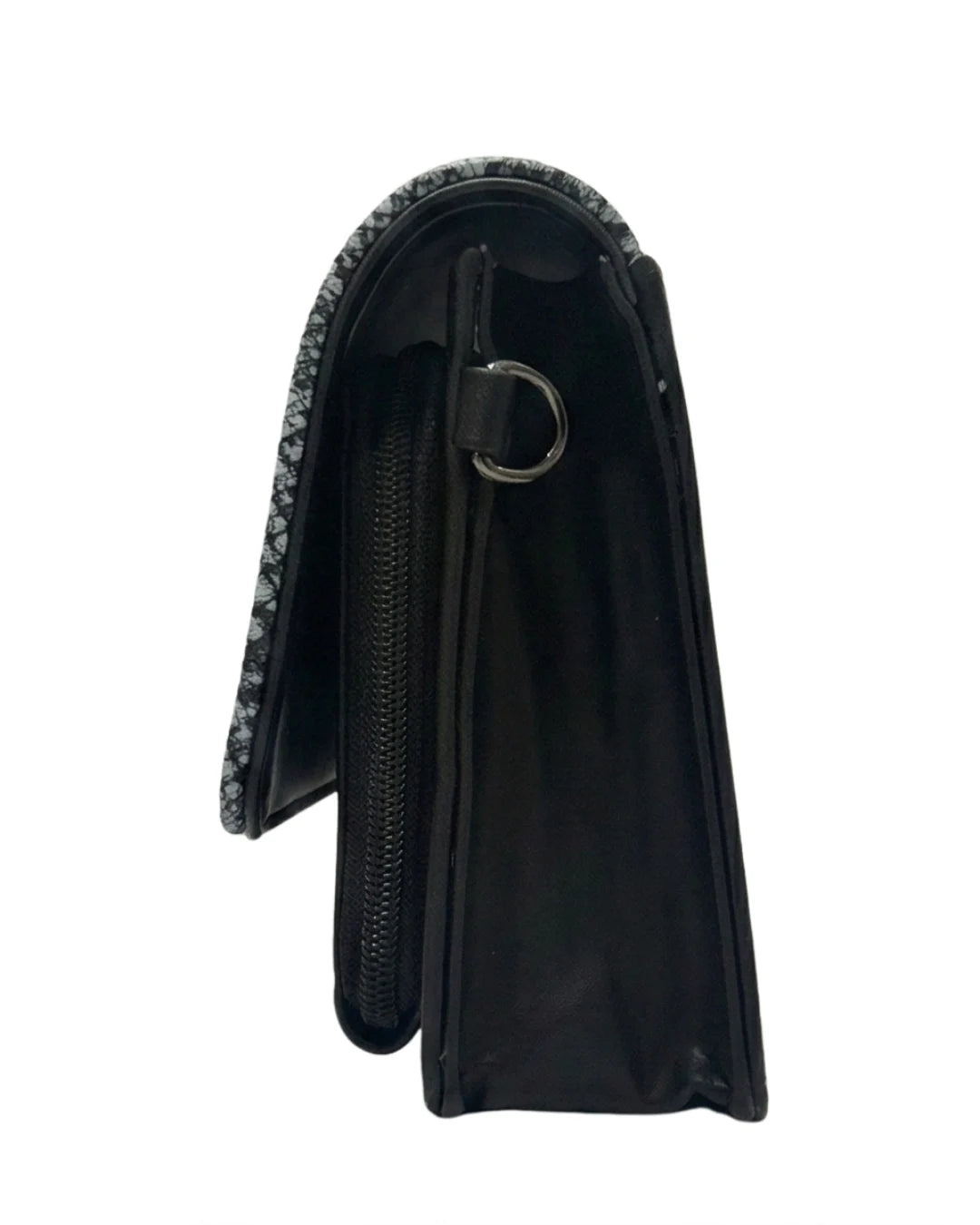 Sleek black clutch purse and formal clutch bag with textured edge detailing
