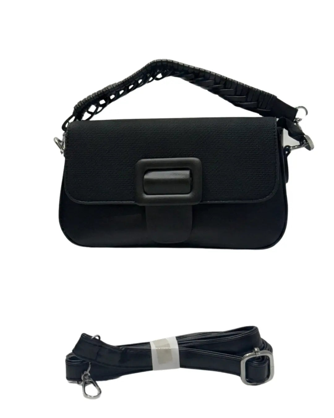 Sleek black formal purse and versatile leather handbag with large front buckle
