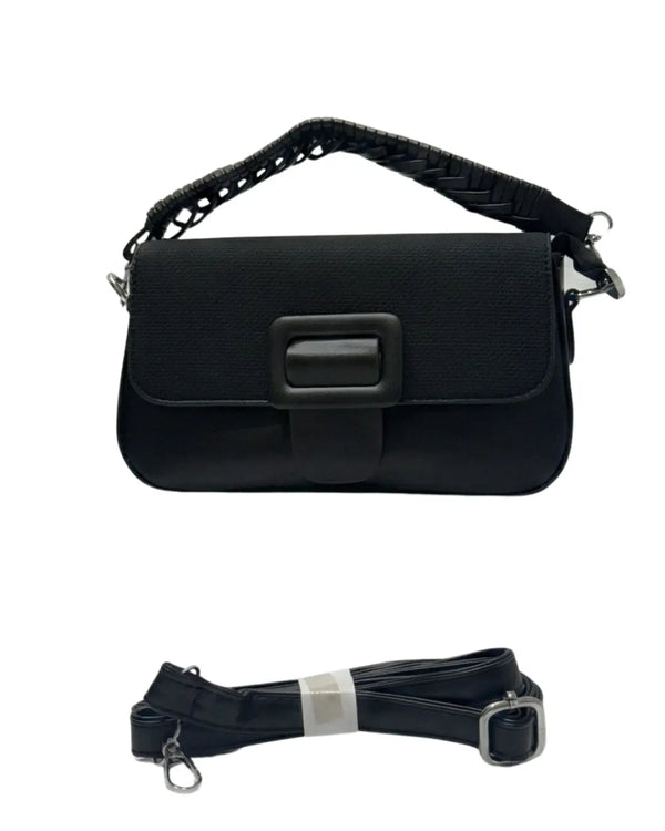 Sleek black formal purse and versatile leather handbag with large front buckle
