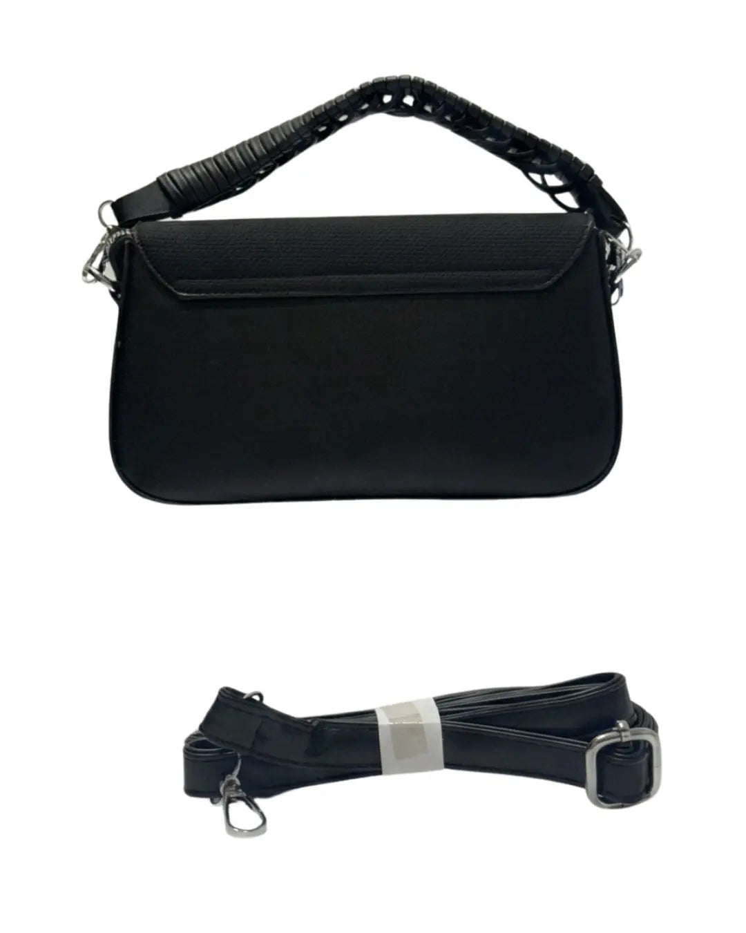 Sleek black formal purse and versatile leather handbag with large front buckle

