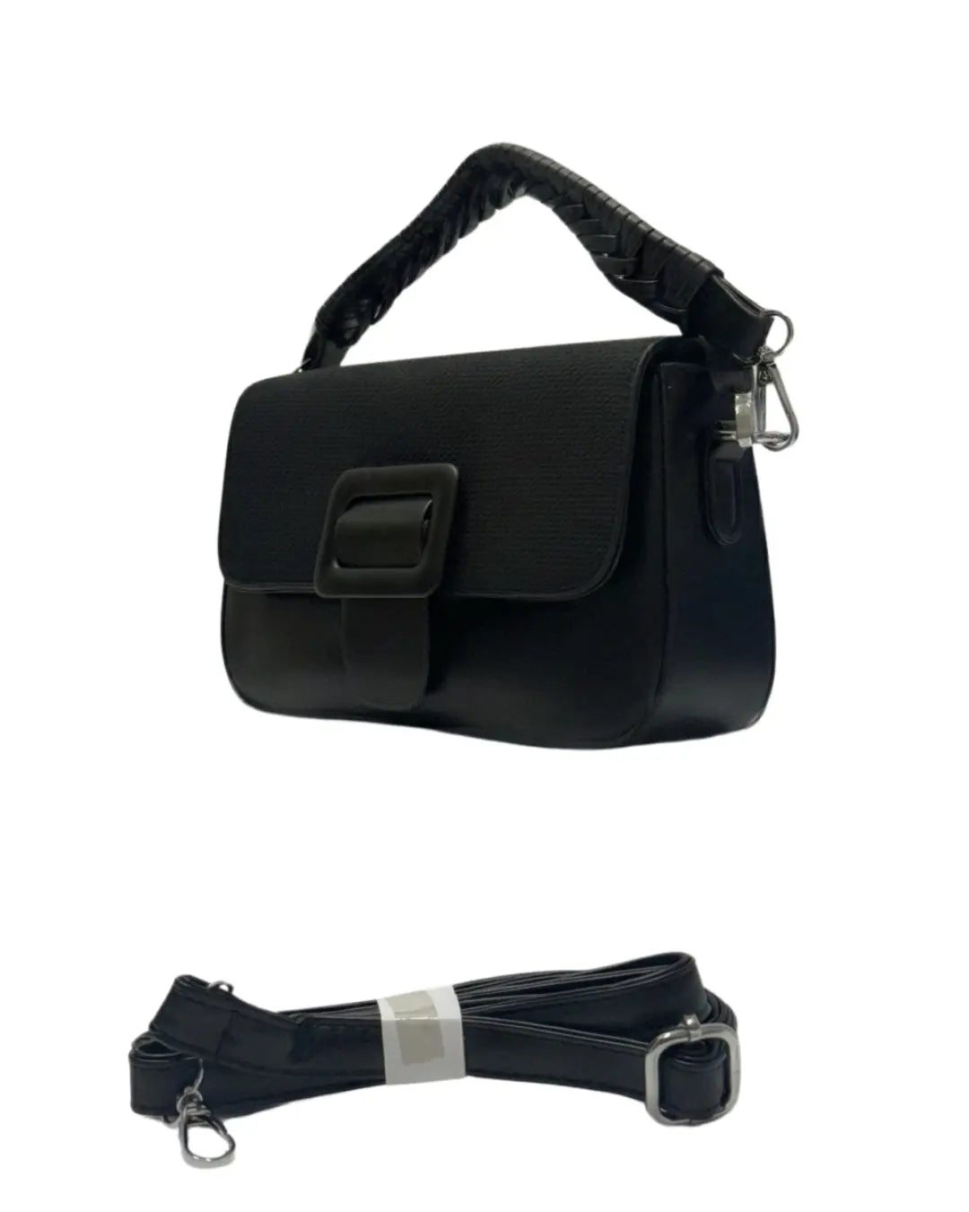Sleek black formal purse and versatile leather handbag with large front buckle
