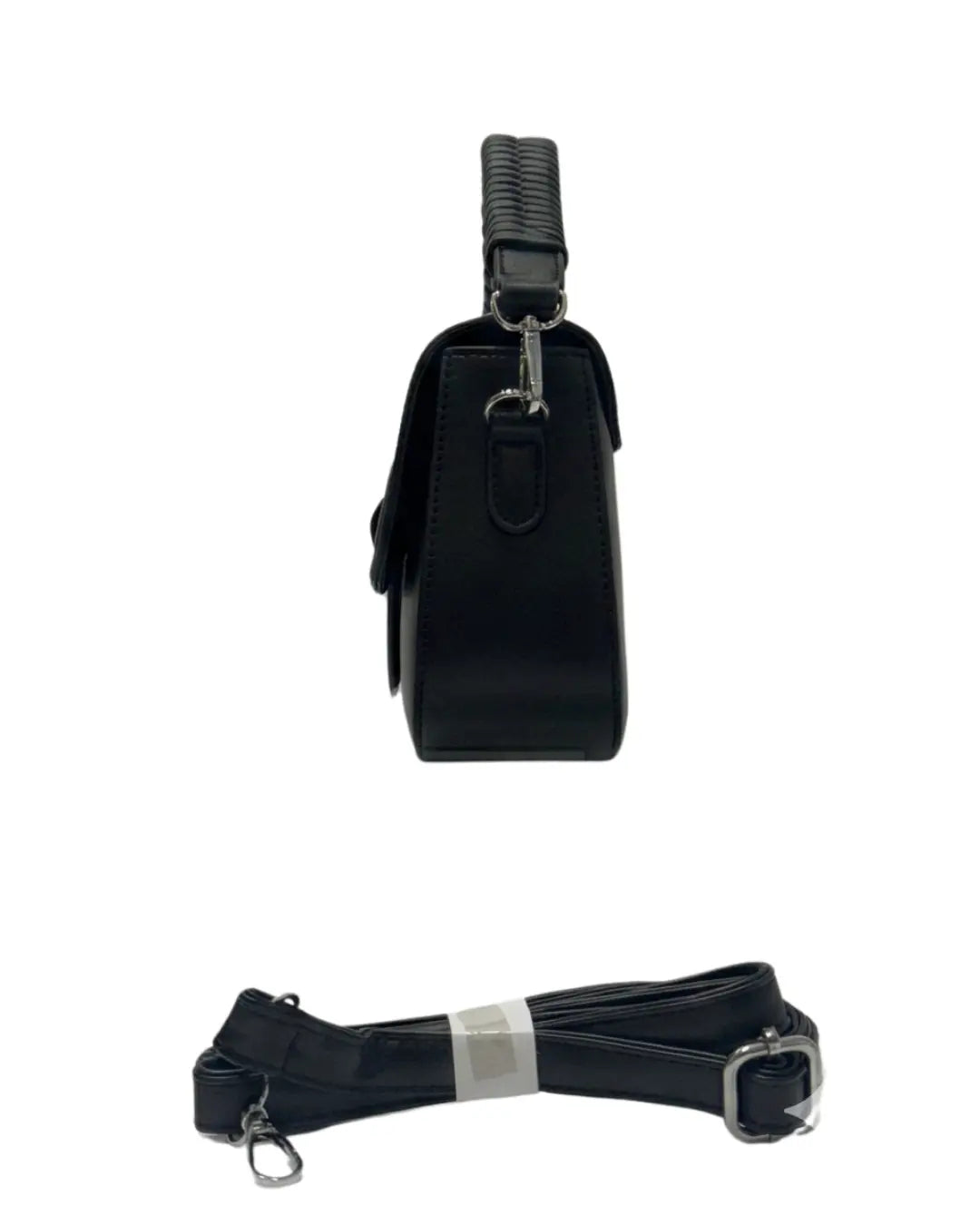 Sleek black formal purse and versatile leather handbag with large front buckle
