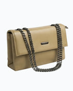Beige handbag with a chain strap on a white background