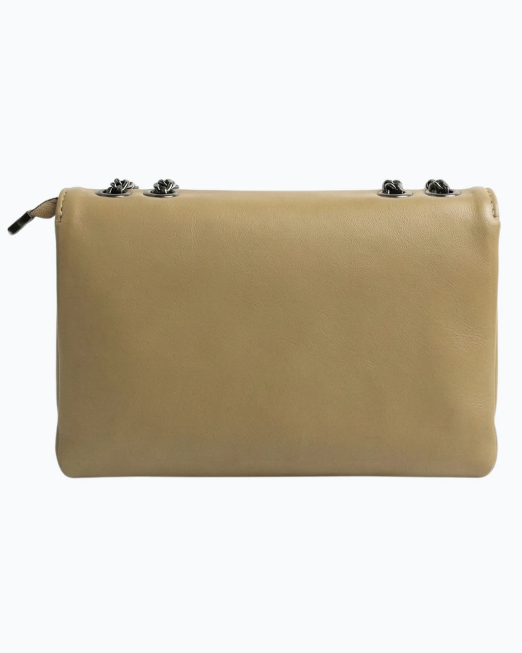 Beige handbag with black zippers on a white background