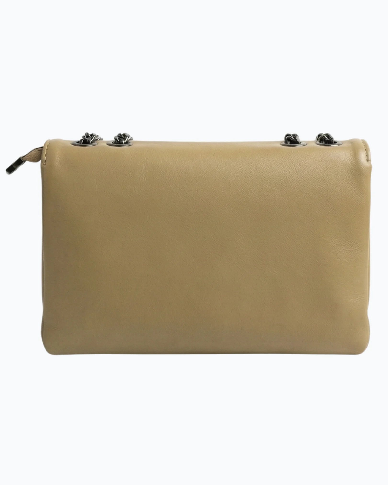 Beige handbag with black zippers on a white background