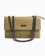 Beige handbag with a chain strap on a white background