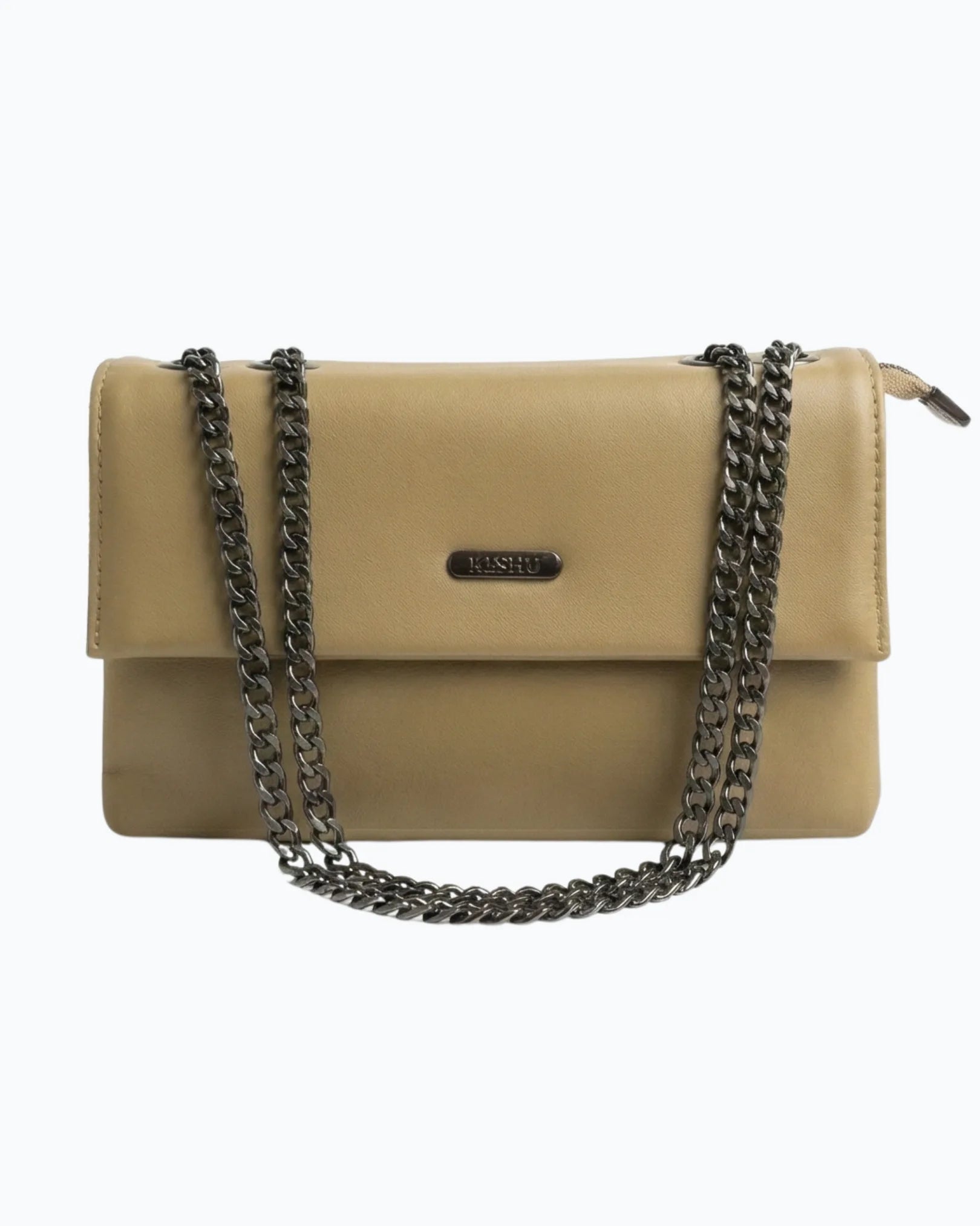 Beige handbag with a chain strap on a white background