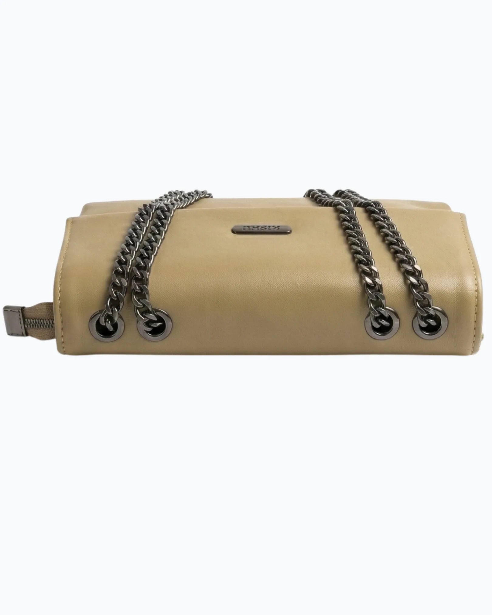 Beige clutch bag with chain detail on a white background