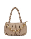 Beige handbag with braided handle and gold chain detail on a white background