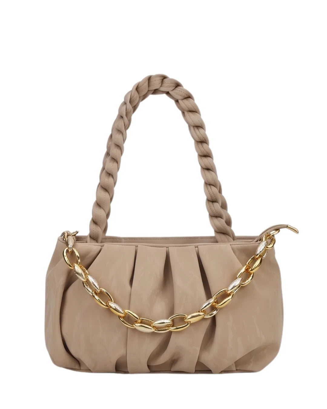 Beige handbag with braided handle and gold chain detail on a white background
