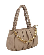 Beige handbag with braided handle and gold chain detail on a white background