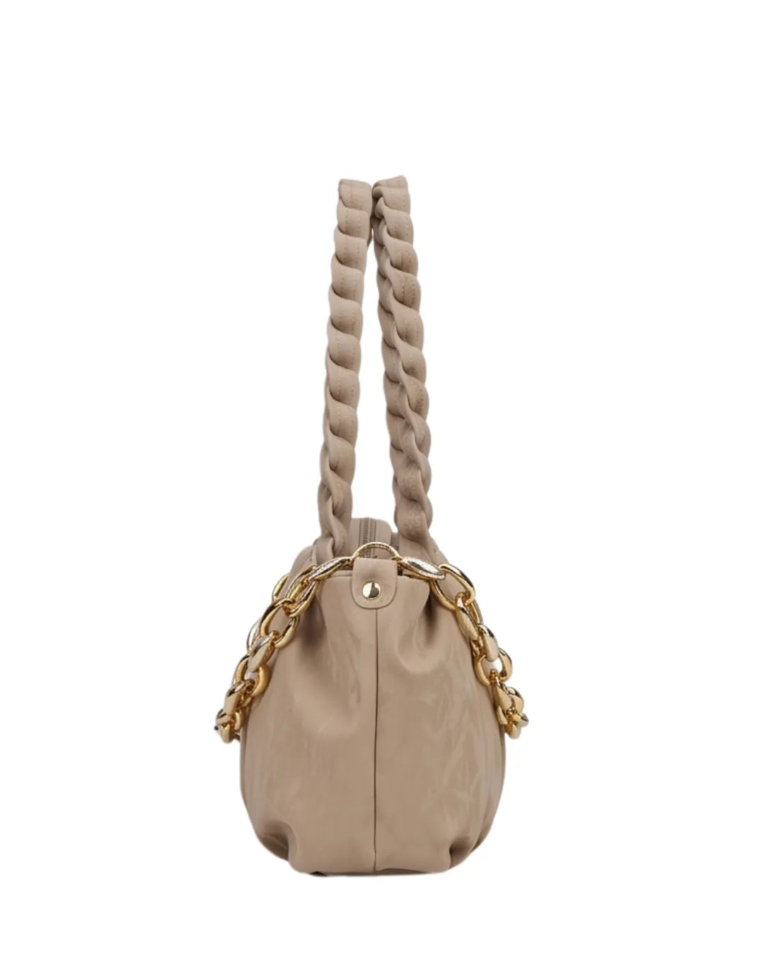 Beige handbag with braided handle and gold chain detail on a white background