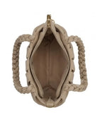 Beige handbag with braided handles on a white background