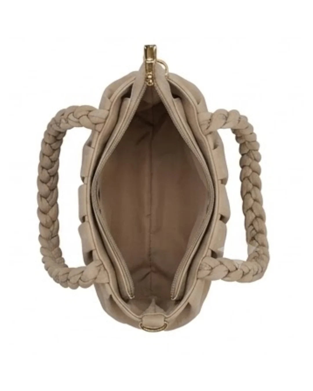 Beige handbag with braided handles on a white background