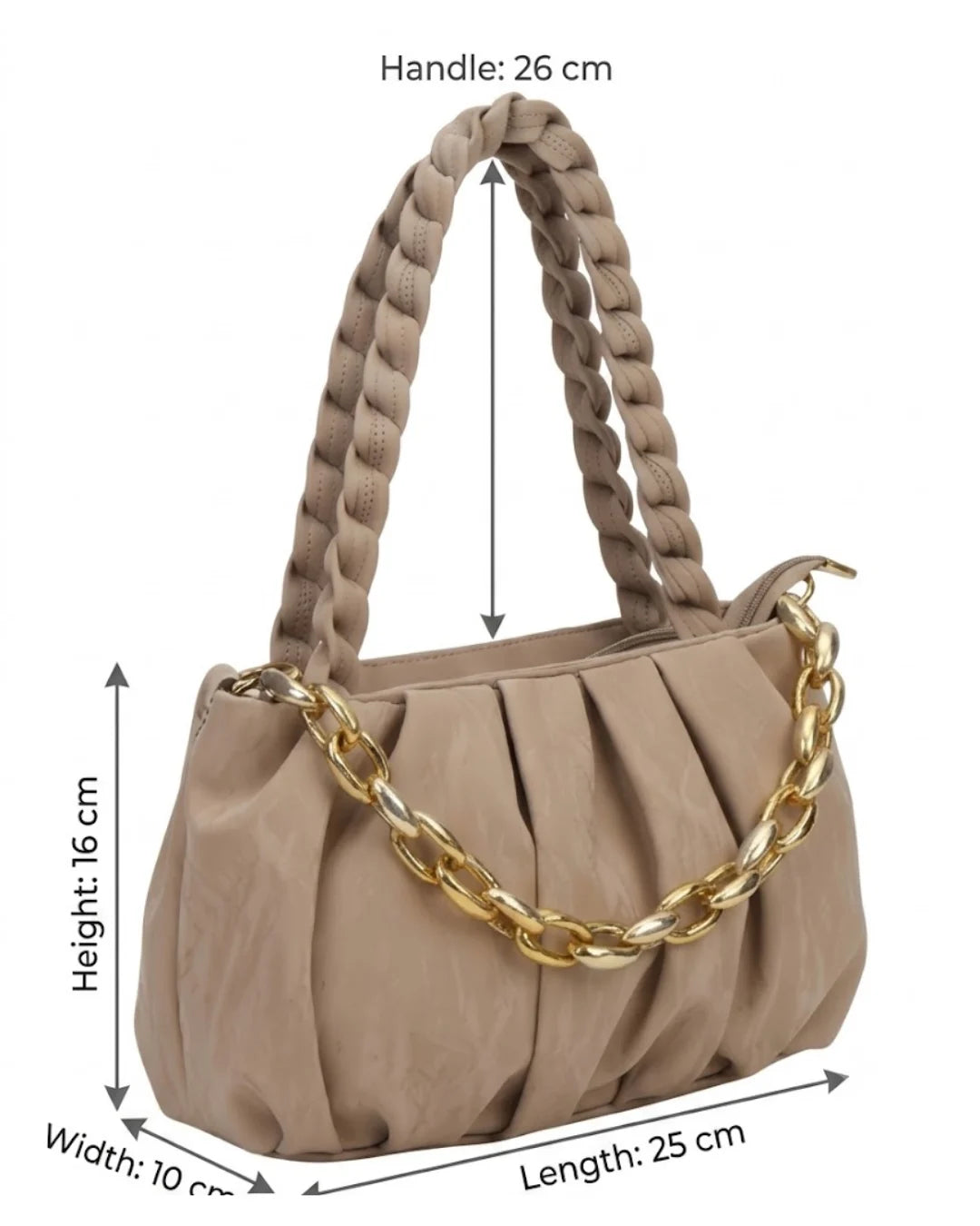 Beige handbag with gold chain handle and dimensions labeled on a white background