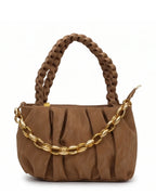 Brown handbag with braided handle and gold chain detail on a white background