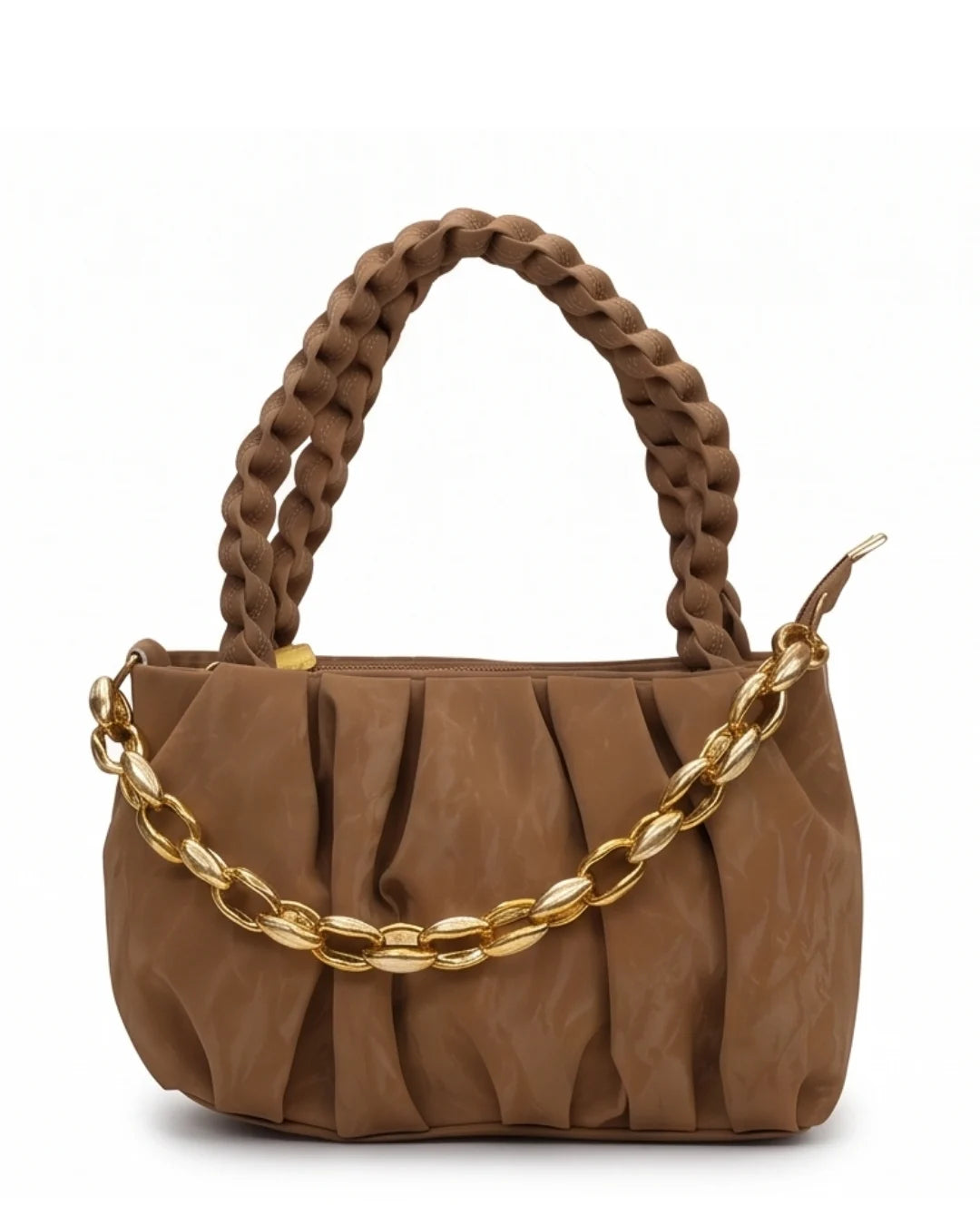 Brown handbag with braided handle and gold chain detail on a white background