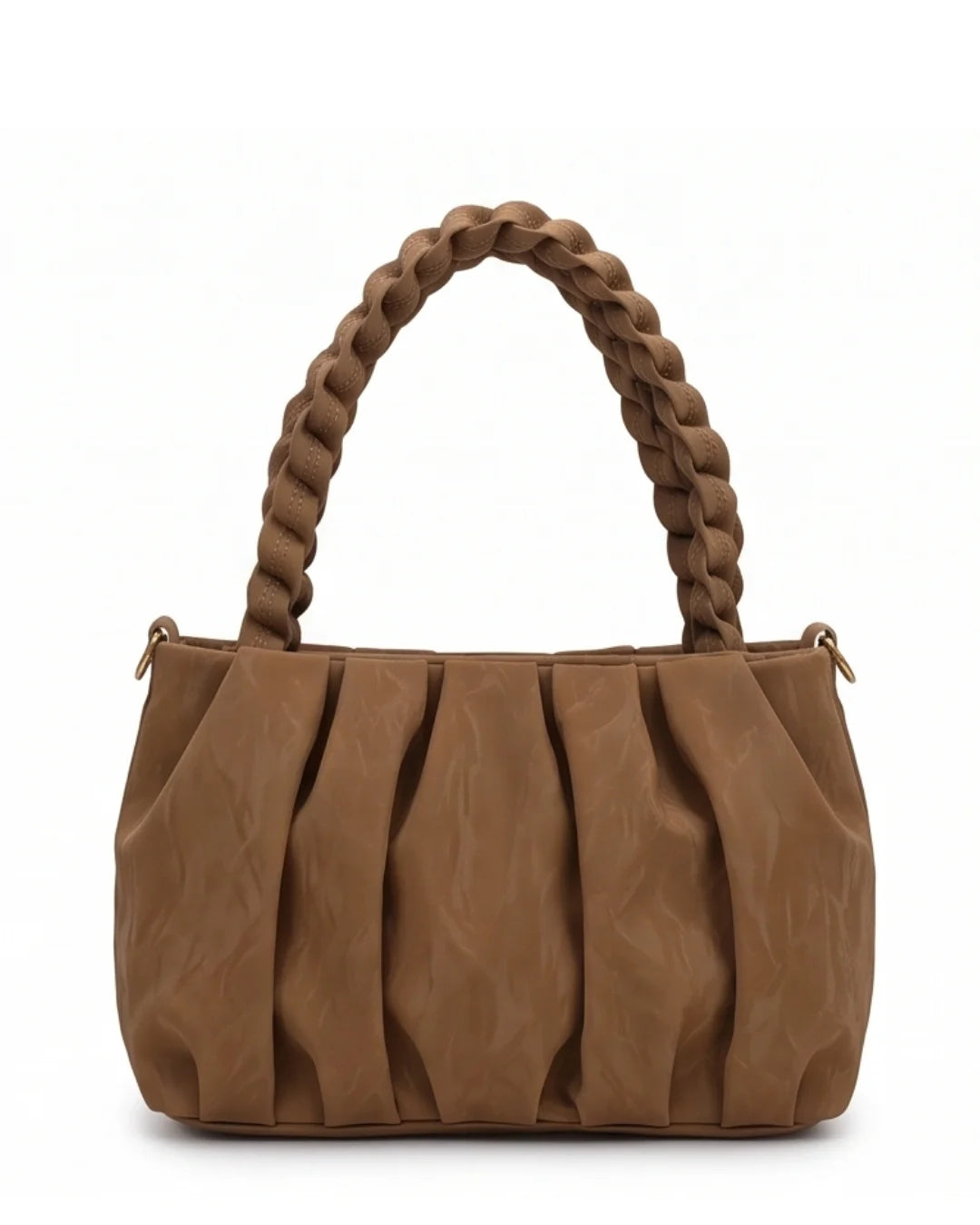 Brown handbag with braided handle on a white background