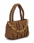 Brown handbag with gold chain detail on a white background
