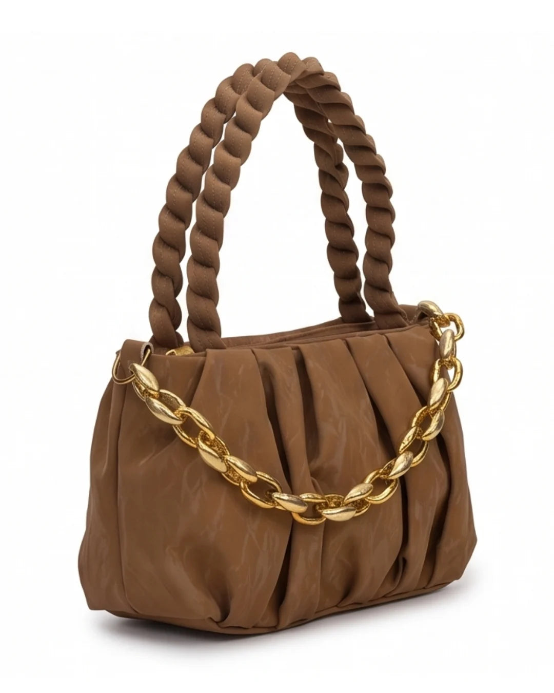 Brown handbag with gold chain detail on a white background