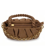 Brown handbag with gold chain detail on a white background