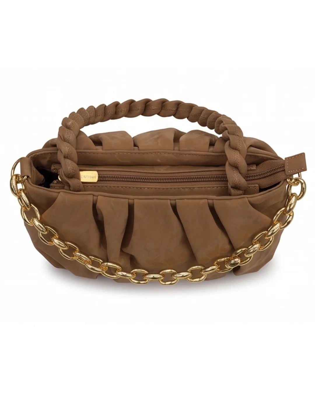 Brown handbag with gold chain detail on a white background