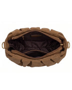 Brown leather handbag with braided design on a white background