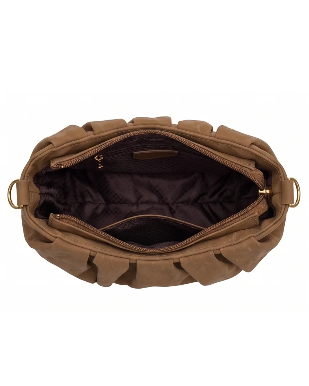 Brown leather handbag with braided design on a white background
