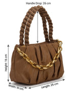 Brown handbag with gold chain handle and measurements on a white background