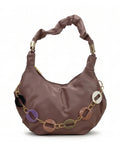 Brown handbag with decorative chain and colorful links on a white background