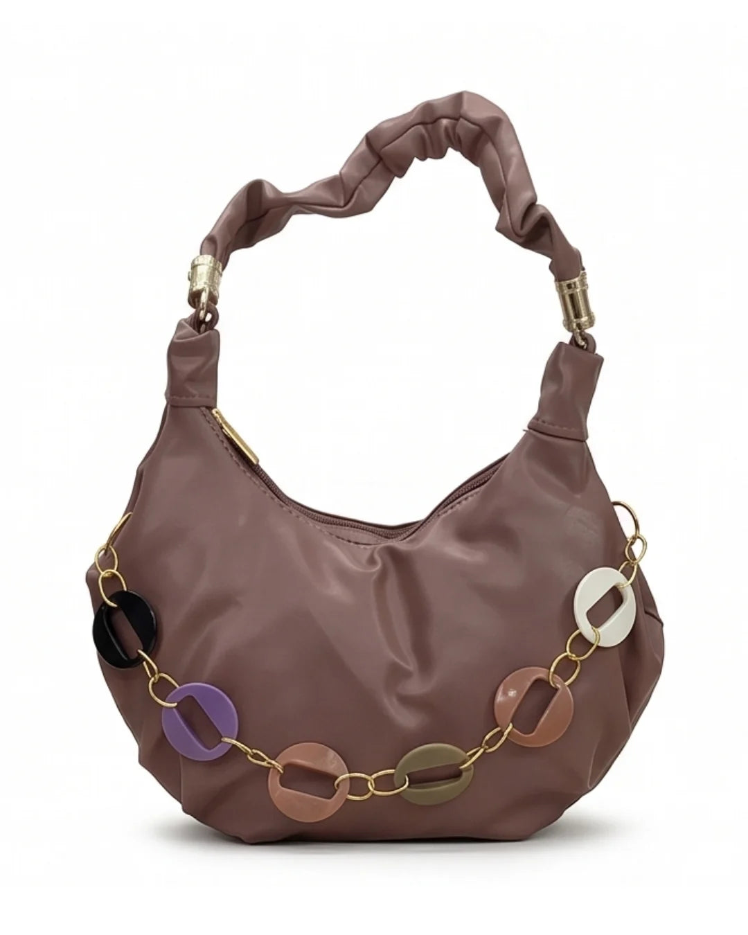 Brown handbag with decorative chain and colorful links on a white background