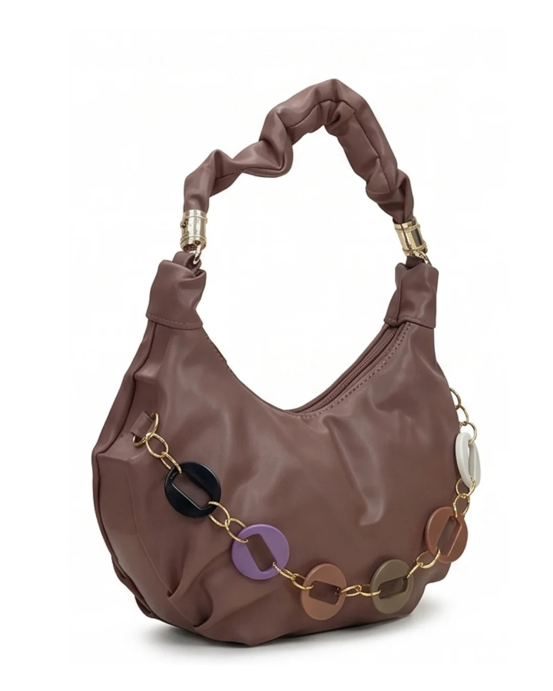 Brown handbag with decorative chain and circular accents on a white background