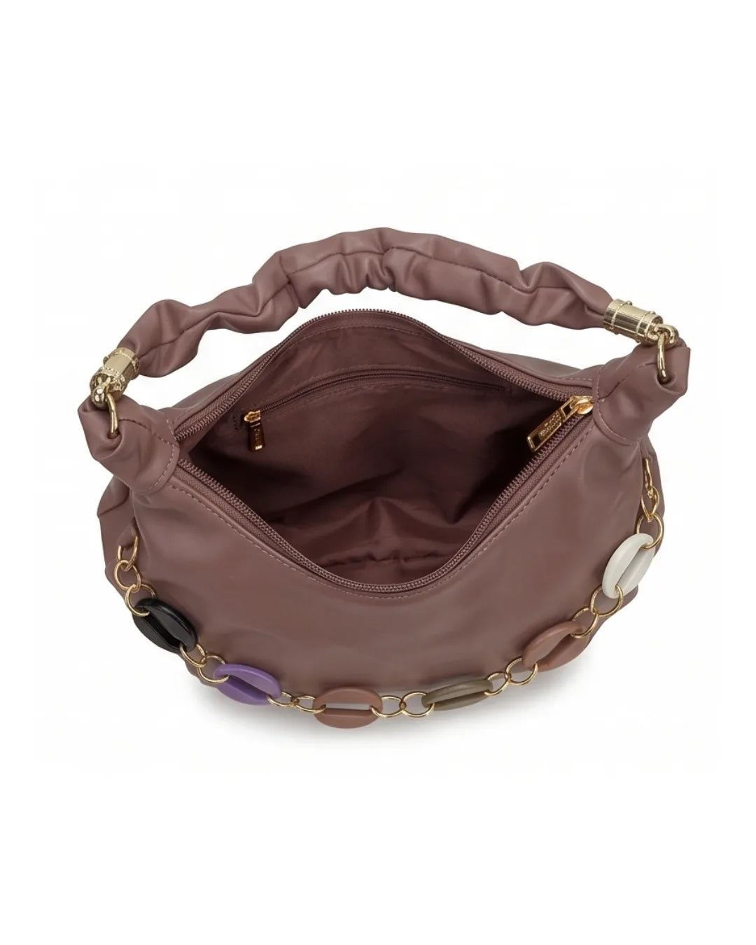 Brown handbag with decorative chain and embellishments on a white background
