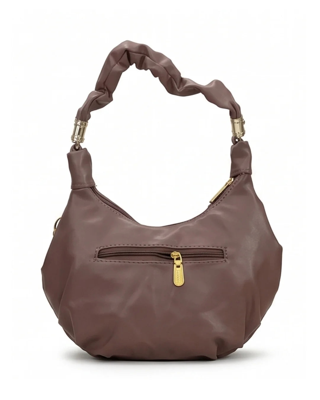 Brown handbag with gold accents on a white background