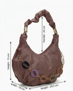 Brown handbag with decorative chain and measurements on a white background
