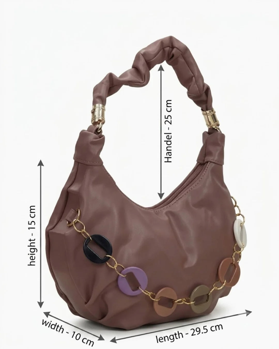 Brown handbag with decorative chain and measurements on a white background