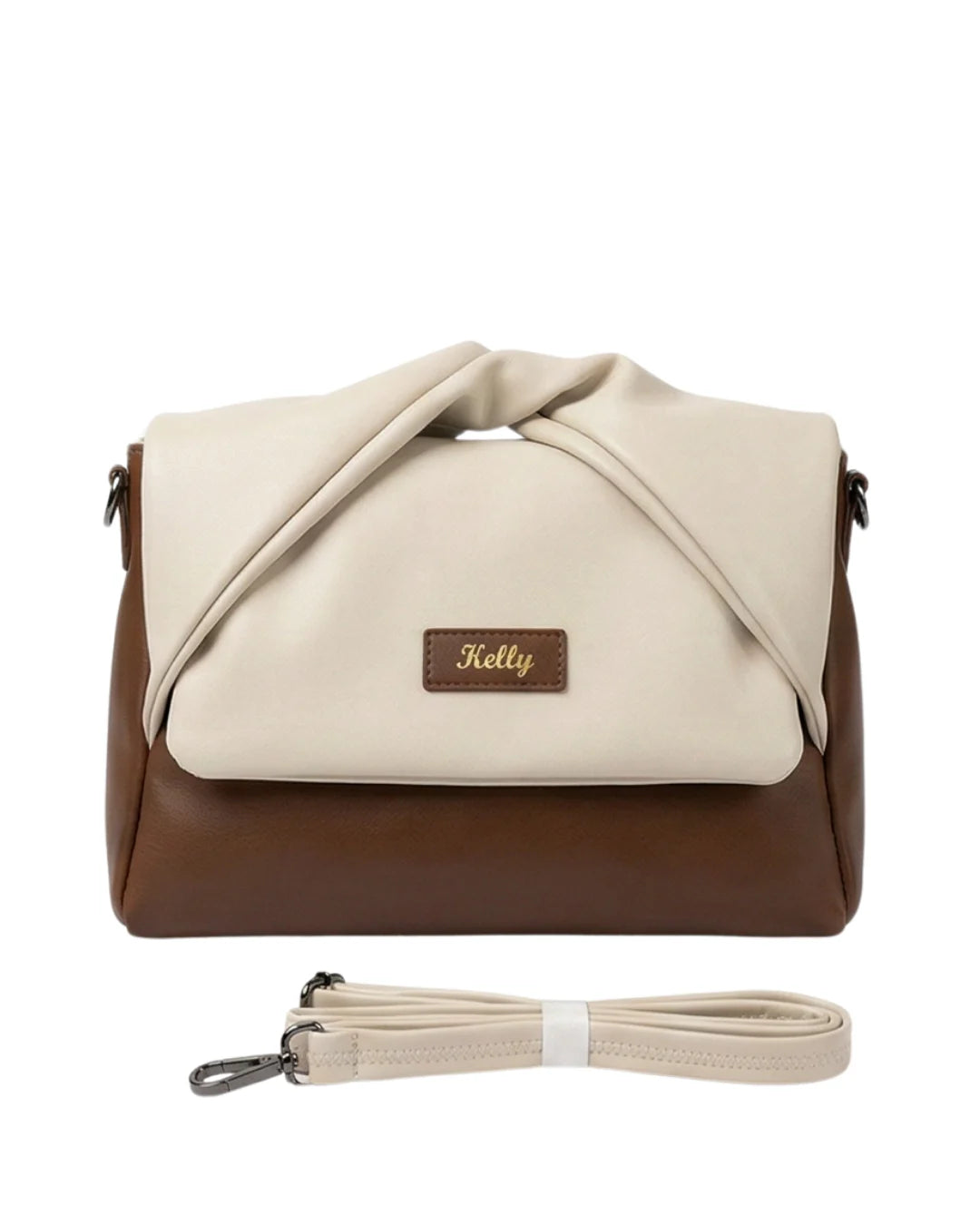 Stylish brown and beige sling bag for women and modern purse with fold design
